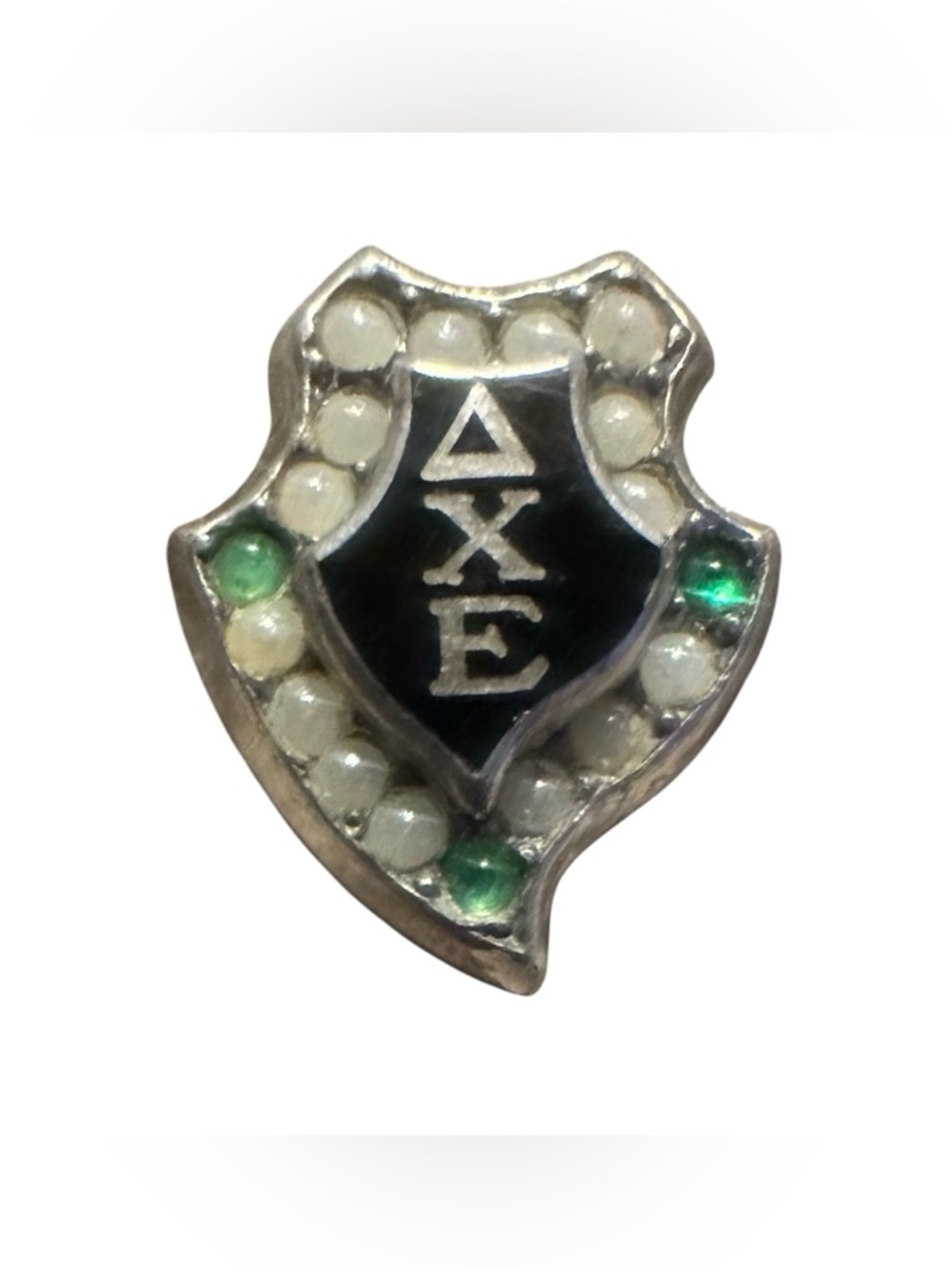 Delta Xi Epsilon Sterling Silver Shield Pin with Pearlescent and Green Accents